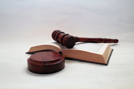 gavel sits over a law book