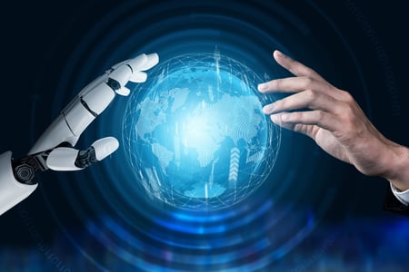 a robotic hand and a human hand hover over an illuminated globe