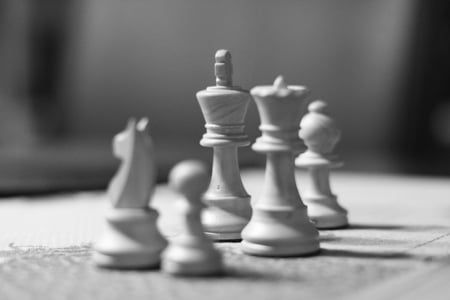 black and white photo of chess pieces