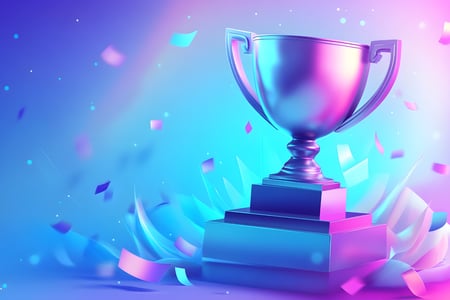 trophy with confetti behind it and a purple and blue background